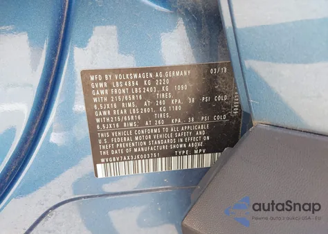 2018 Volkswagen Tiguan Limited 2.0T z USA, uszkodzony, nr VIN WVGBV7AX3JK003751